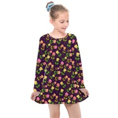 Flowers Roses Brown Kids  Long Sleeve Dress