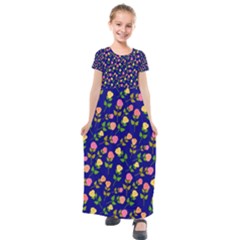 Flowers Roses Blue Kids  Short Sleeve Maxi Dress