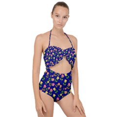 Flowers Roses Blue Scallop Top Cut Out Swimsuit by Bajindul