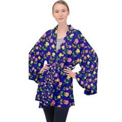 Flowers Roses Blue Velvet Kimono Robe by Bajindul