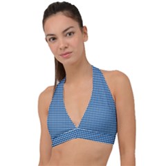 Gingham Plaid Fabric Pattern Blue Halter Plunge Bikini Top