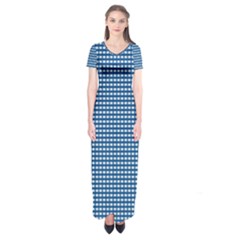 Gingham Plaid Fabric Pattern Blue Short Sleeve Maxi Dress