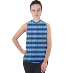 Gingham Plaid Fabric Pattern Blue Mock Neck Chiffon Sleeveless Top by HermanTelo