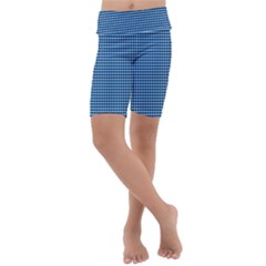 Gingham Plaid Fabric Pattern Blue Kids  Lightweight Velour Cropped Yoga Leggings