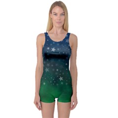 Background Blue Green Stars Night One Piece Boyleg Swimsuit