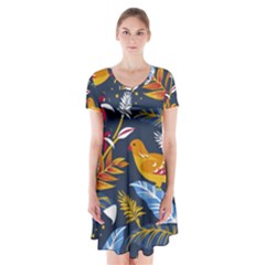 Colorful Birds In Nature Short Sleeve V-neck Flare Dress by Sobalvarro