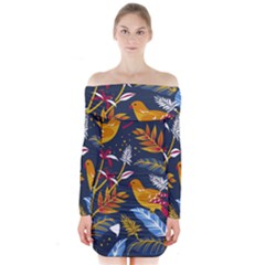 Colorful Birds In Nature Long Sleeve Off Shoulder Dress by Sobalvarro