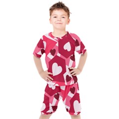 Pink Hearts Pattern Love Shape Kids  Tee And Shorts Set by Bajindul