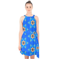 Pattern Backgrounds Blue Star Halter Collar Waist Tie Chiffon Dress