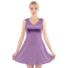 Gingham Plaid Fabric Pattern Purple V-neck Sleeveless Dress