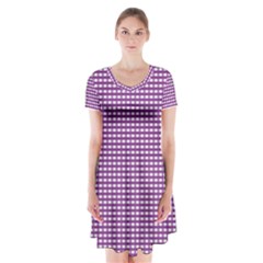 Gingham Plaid Fabric Pattern Purple Short Sleeve V-neck Flare Dress by HermanTelo
