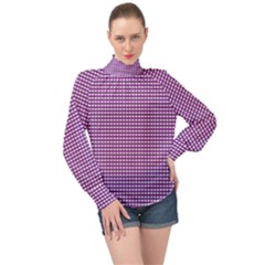 Gingham Plaid Fabric Pattern Purple High Neck Long Sleeve Chiffon Top