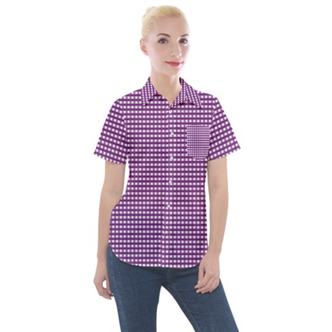 Gingham Plaid Fabric Pattern Purple Women s Short Sleeve Pocket Shirt by HermanTelo