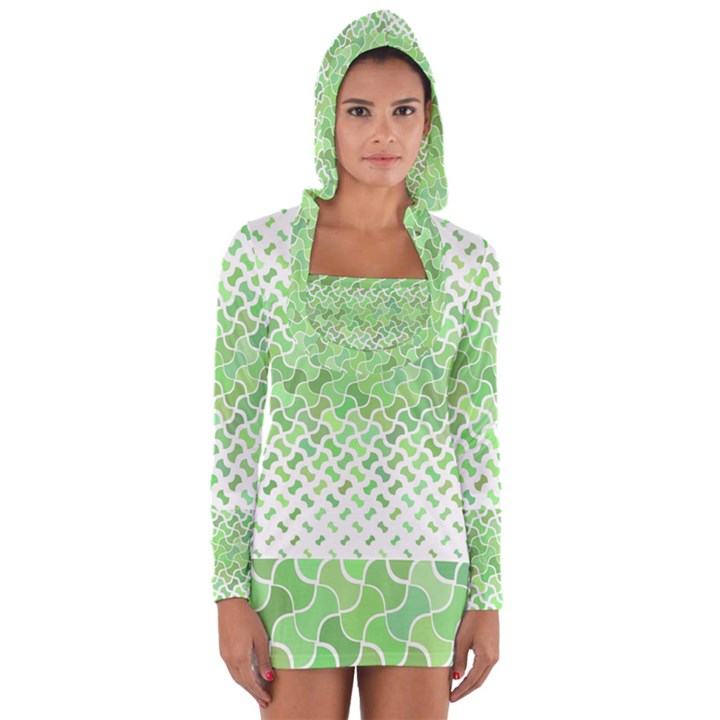 Green Pattern Curved Puzzle Long Sleeve Hooded T-shirt