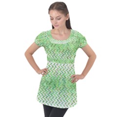 Green Pattern Curved Puzzle Puff Sleeve Tunic Top