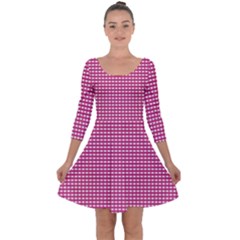 Gingham Plaid Fabric Pattern Pink Quarter Sleeve Skater Dress