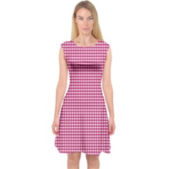 Gingham Plaid Fabric Pattern Pink Capsleeve Midi Dress