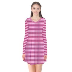 Gingham Plaid Fabric Pattern Pink Long Sleeve V-neck Flare Dress by HermanTelo