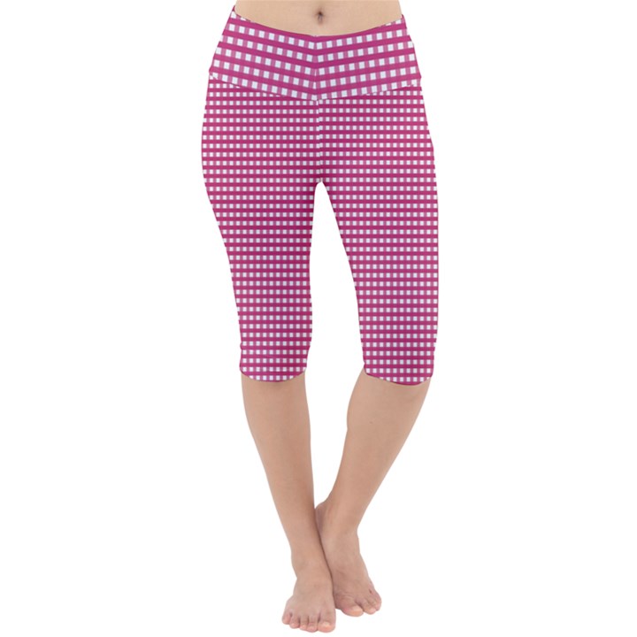 Gingham Plaid Fabric Pattern Pink Lightweight Velour Cropped Yoga Leggings