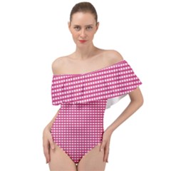 Gingham Plaid Fabric Pattern Pink Off Shoulder Velour Bodysuit 