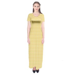 Gingham Plaid Fabric Pattern Yellow Short Sleeve Maxi Dress