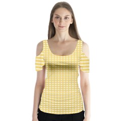 Gingham Plaid Fabric Pattern Yellow Butterfly Sleeve Cutout Tee 