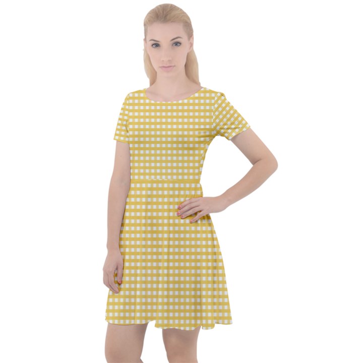 Gingham Plaid Fabric Pattern Yellow Cap Sleeve Velour Dress 