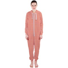 Gingham Plaid Fabric Pattern Red Hooded Jumpsuit (ladies) 