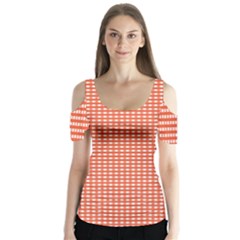 Gingham Plaid Fabric Pattern Red Butterfly Sleeve Cutout Tee 