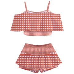 Gingham Plaid Fabric Pattern Red Kids  Off Shoulder Skirt Bikini by HermanTelo