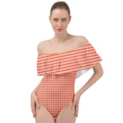 Gingham Plaid Fabric Pattern Red Off Shoulder Velour Bodysuit 