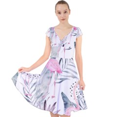 Tropical Flamingos Cap Sleeve Front Wrap Midi Dress by Sobalvarro
