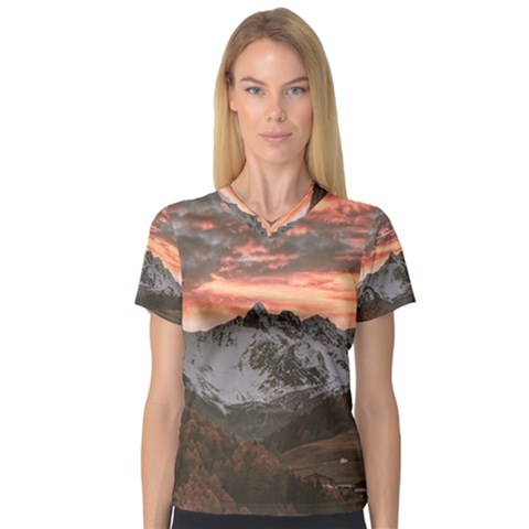 Scenic View Of Snow Capped Mountain V-neck Sport Mesh Tee by Pakrebo