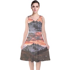 Scenic View Of Snow Capped Mountain V-neck Midi Sleeveless Dress  by Pakrebo