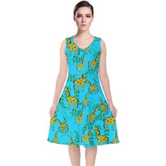 Cute Giraffes Pattern V-neck Midi Sleeveless Dress 