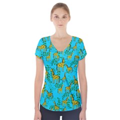 Cute Giraffes Pattern Short Sleeve Front Detail Top