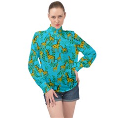 Cute Giraffes Pattern High Neck Long Sleeve Chiffon Top