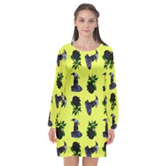 Gothic Girl Rose Yellow Pattern Long Sleeve Chiffon Shift Dress 