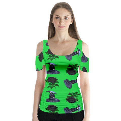 Gothic Girl Rose Green Pattern Butterfly Sleeve Cutout Tee  by snowwhitegirl