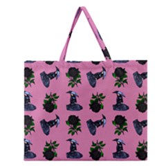 Gothic Girl Rose Light Pink Pattern Zipper Large Tote Bag