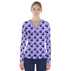 Retro Blue Cherries V-neck Long Sleeve Top by snowwhitegirl