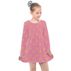 Peeled Banana On Pink Kids  Long Sleeve Dress