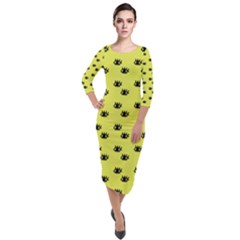 Yellow Eyes Quarter Sleeve Midi Velour Bodycon Dress