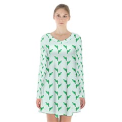 Green Parrot Pattern Long Sleeve Velvet V-neck Dress
