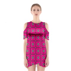 Pink Pattern Squares Shoulder Cutout One Piece Dress