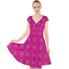 Pink Pattern Squares Cap Sleeve Front Wrap Midi Dress