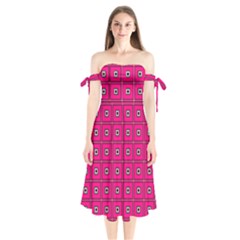 Pink Pattern Squares Shoulder Tie Bardot Midi Dress by HermanTelo