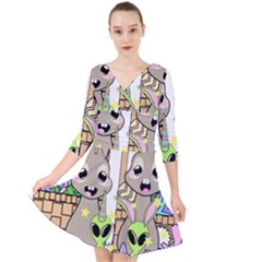 Graphic Kawaii Bunnies Quarter Sleeve Front Wrap Dress by Sudhe