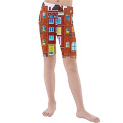 Town Buildings Old Brick Building Kids  Mid Length Swim Shorts by Sudhe