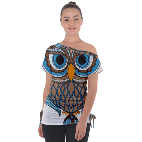 Owl Drawing Art Vintage Clothing Blue Feather Tie-up Tee by Sudhe